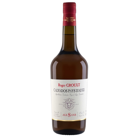 "Calvados Roger Groult", une bouteille de calvados doré en verre transparent ornée d'une étiquette distinctive avec le nom du producteur et le logo de la famille Groult.